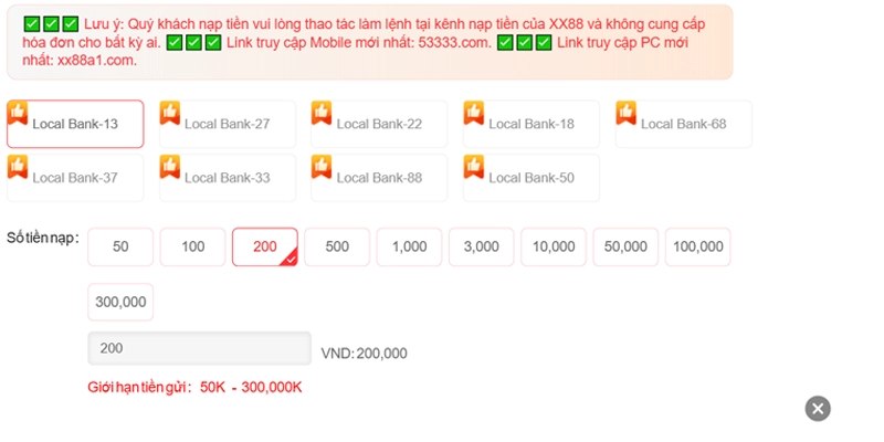 Điền số tiền nạp XX88