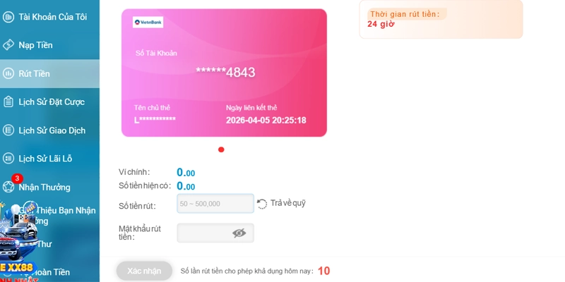 Nhập số tiền muốn rút và điền mật khẩu rút tiền XX88